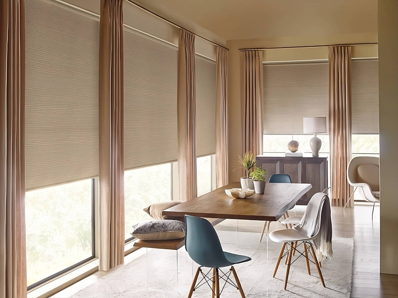 Hunter Douglas Designer Roller Shades on five tall windows in a neutral and modern dining room at Designing Windows near Ocean City, MD